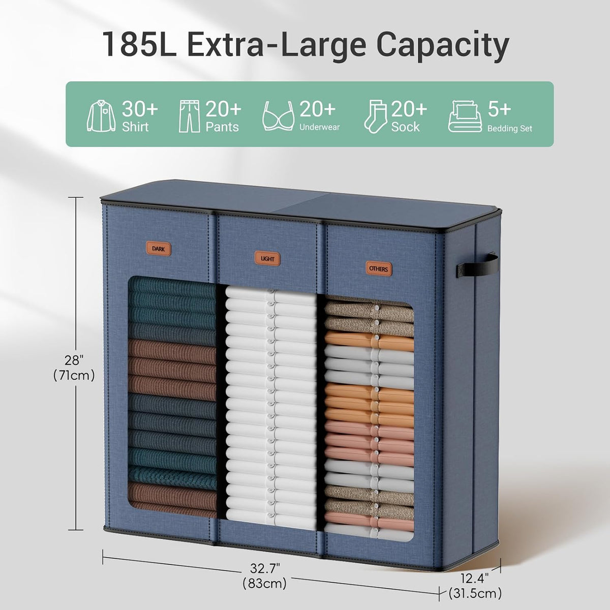185L Laundry Hamper 3 Section with Lid, Grey Hamper 3 Compartment with 3 Removable Laundry Bags, Large Laundry Basket for Bedroom, Laundry Room, Dorm