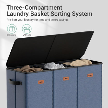 185L Laundry Hamper 3 Section with Lid, Grey Hamper 3 Compartment with 3 Removable Laundry Bags, Large Laundry Basket for Bedroom, Laundry Room, Dorm