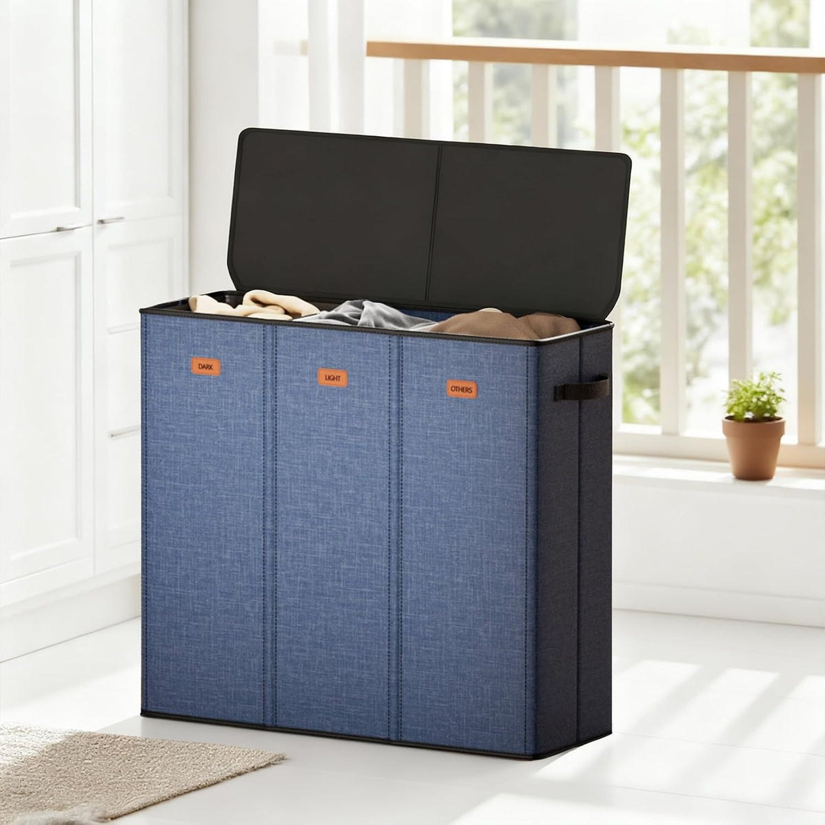 185L Laundry Hamper 3 Section with Lid, Grey Hamper 3 Compartment with 3 Removable Laundry Bags, Large Laundry Basket for Bedroom, Laundry Room, Dorm