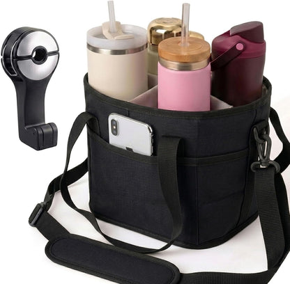4 Water Bottle Holder with Strap - Multiple Tumbler Insulated Drink Carrier Tote Bag, Reusable Drink Family Size Caddy for Car, Delivery, Adjustable Dividers - 2 in 1 Car Seat Hook Set