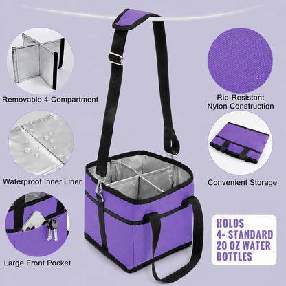 4 Water Bottle Holder with Strap - Multiple Tumbler Insulated Drink Carrier Tote Bag, Reusable Drink Family Size Caddy for Car, Delivery, Adjustable Dividers - 2 in 1 Car Seat Hook Set