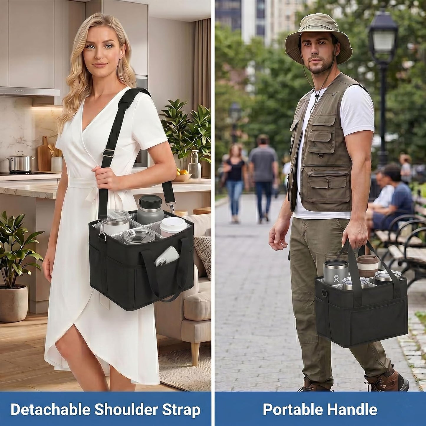 4 Water Bottle Holder with Strap - Multiple Tumbler Insulated Drink Carrier Tote Bag, Reusable Drink Family Size Caddy for Car, Delivery, Adjustable Dividers - 2 in 1 Car Seat Hook Set