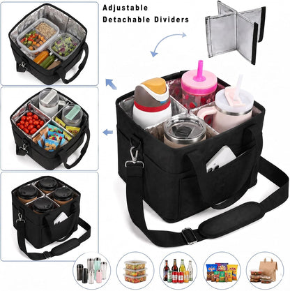 4 Water Bottle Holder with Strap - Multiple Tumbler Insulated Drink Carrier Tote Bag, Reusable Drink Family Size Caddy for Car, Delivery, Adjustable Dividers - 2 in 1 Car Seat Hook Set