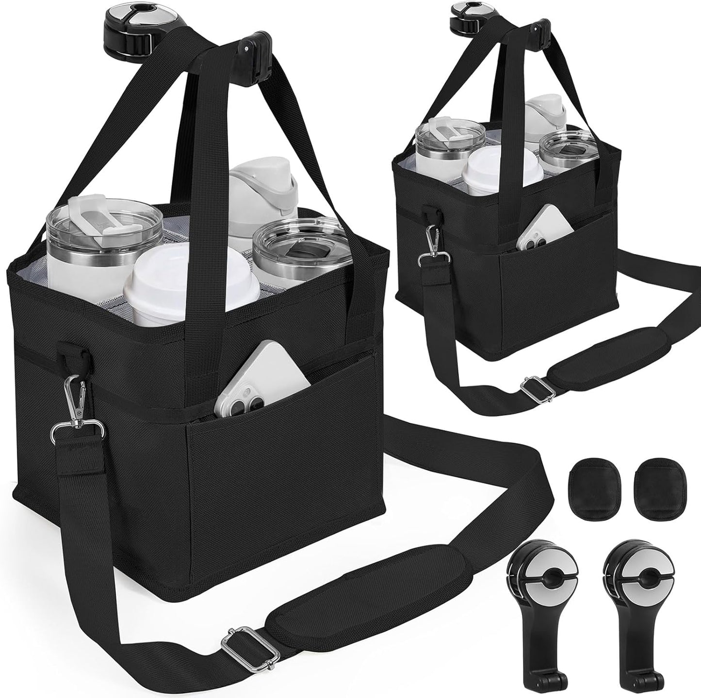 4 Water Bottle Holder with Strap - Multiple Tumbler Insulated Drink Carrier Tote Bag, Reusable Drink Family Size Caddy for Car, Delivery, Adjustable Dividers - 2 in 1 Car Seat Hook Set