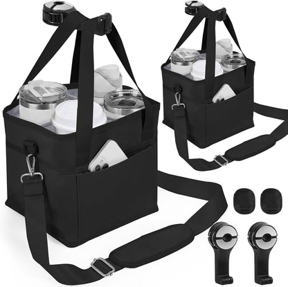 4 Water Bottle Holder with Strap - Multiple Tumbler Insulated Drink Carrier Tote Bag, Reusable Drink Family Size Caddy for Car, Delivery, Adjustable Dividers - 2 in 1 Car Seat Hook Set