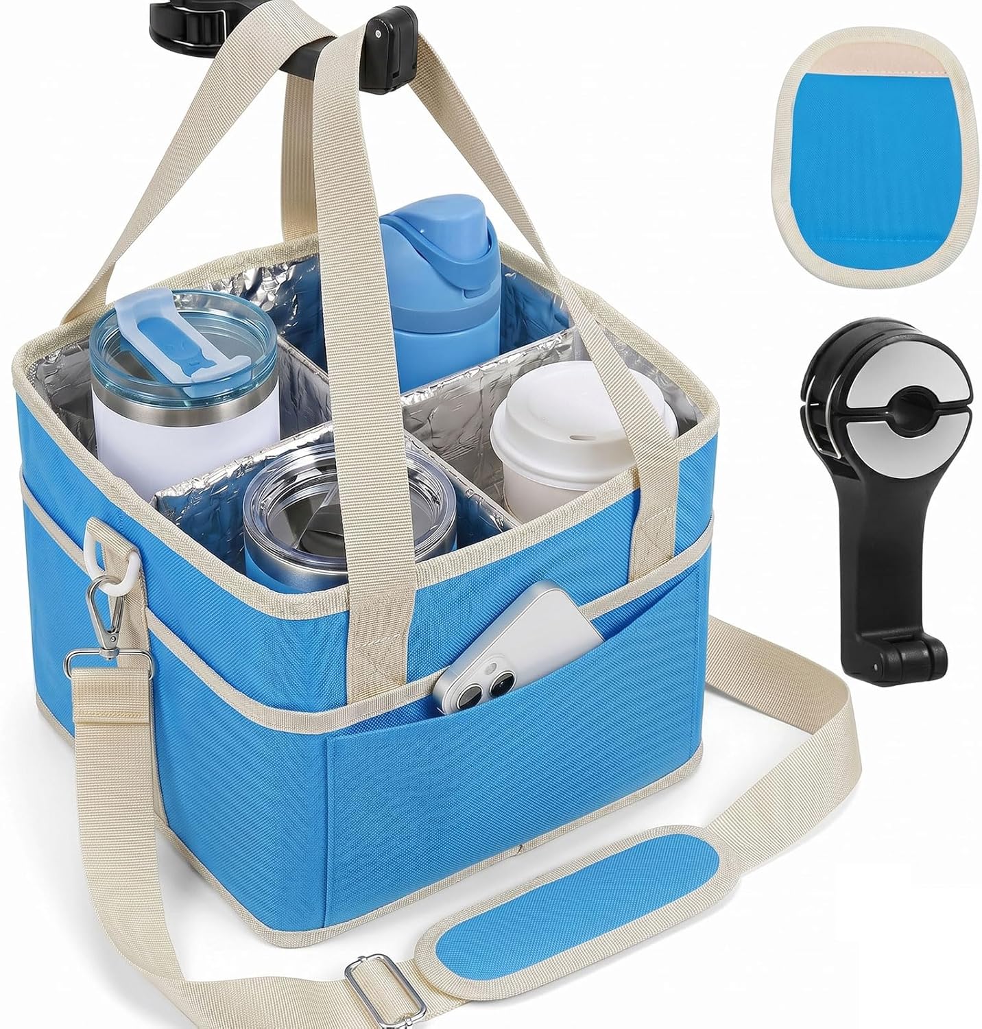 4 Water Bottle Holder with Strap - Multiple Tumbler Insulated Drink Carrier Tote Bag, Reusable Drink Family Size Caddy for Car, Delivery, Adjustable Dividers - 2 in 1 Car Seat Hook Set
