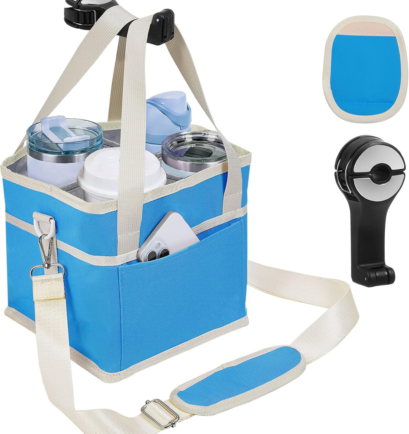 4 Water Bottle Holder with Strap - Multiple Tumbler Insulated Drink Carrier Tote Bag, Reusable Drink Family Size Caddy for Car, Delivery, Adjustable Dividers - 2 in 1 Car Seat Hook Set