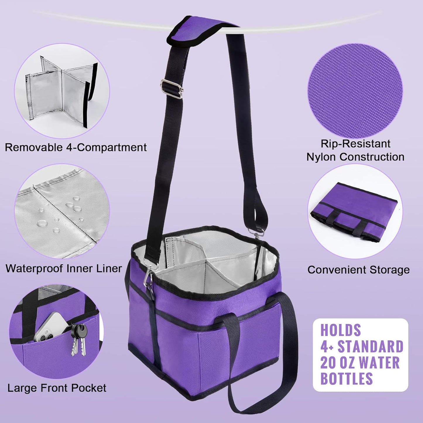 4 Water Bottle Holder with Strap - Multiple Tumbler Insulated Drink Carrier Tote Bag, Reusable Drink Family Size Caddy for Car, Delivery, Adjustable Dividers - 2 in 1 Car Seat Hook Set