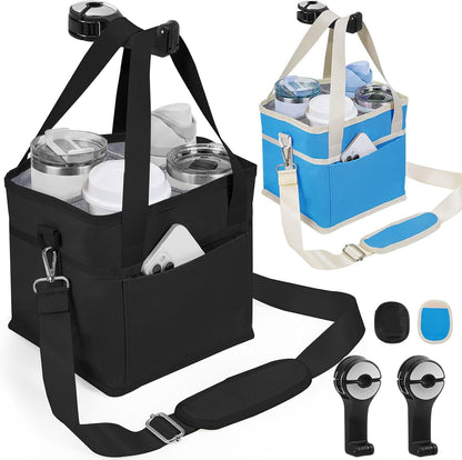 4 Water Bottle Holder with Strap - Multiple Tumbler Insulated Drink Carrier Tote Bag, Reusable Drink Family Size Caddy for Car, Delivery, Adjustable Dividers - 2 in 1 Car Seat Hook Set