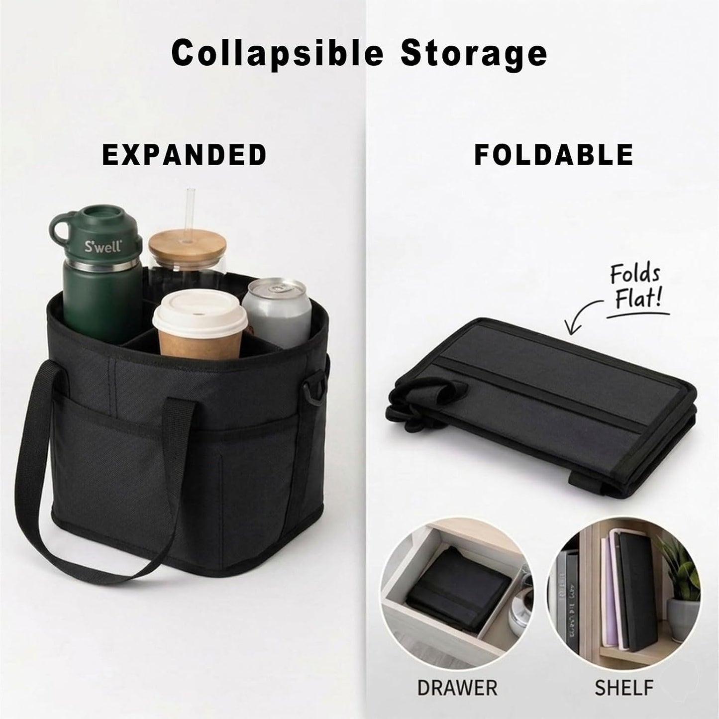 4 Water Bottle Holder with Strap - Multiple Tumbler Insulated Drink Carrier Tote Bag, Reusable Drink Family Size Caddy for Car, Delivery, Adjustable Dividers - 2 in 1 Car Seat Hook Set