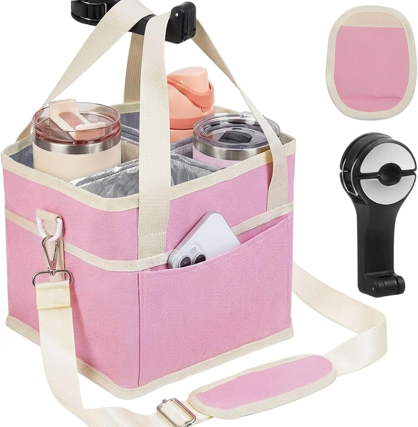4 Water Bottle Holder with Strap - Multiple Tumbler Insulated Drink Carrier Tote Bag, Reusable Drink Family Size Caddy for Car, Delivery, Adjustable Dividers - 2 in 1 Car Seat Hook Set