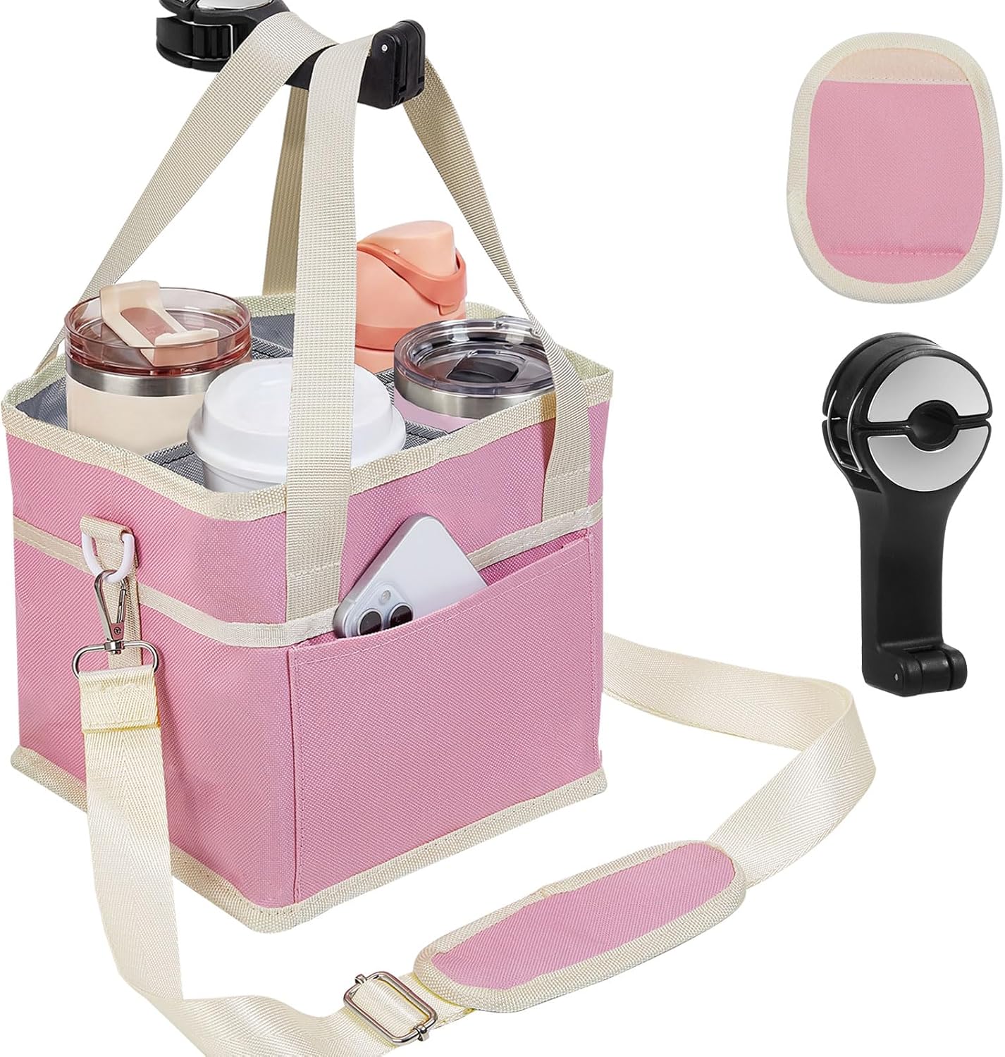 4 Water Bottle Holder with Strap - Multiple Tumbler Insulated Drink Carrier Tote Bag, Reusable Drink Family Size Caddy for Car, Delivery, Adjustable Dividers - 2 in 1 Car Seat Hook Set