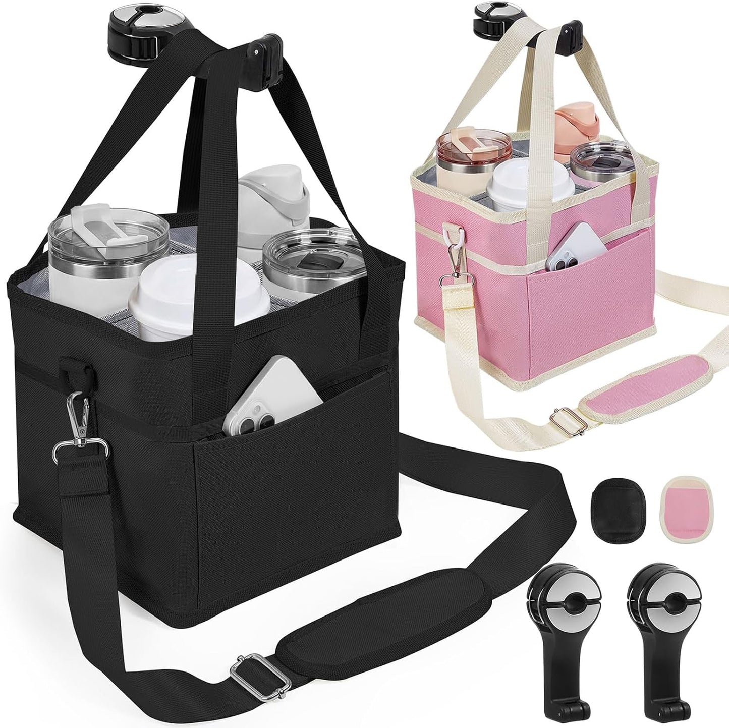 4 Water Bottle Holder with Strap - Multiple Tumbler Insulated Drink Carrier Tote Bag, Reusable Drink Family Size Caddy for Car, Delivery, Adjustable Dividers - 2 in 1 Car Seat Hook Set