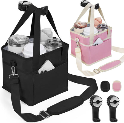4 Water Bottle Holder with Strap - Multiple Tumbler Insulated Drink Carrier Tote Bag, Reusable Drink Family Size Caddy for Car, Delivery, Adjustable Dividers - 2 in 1 Car Seat Hook Set