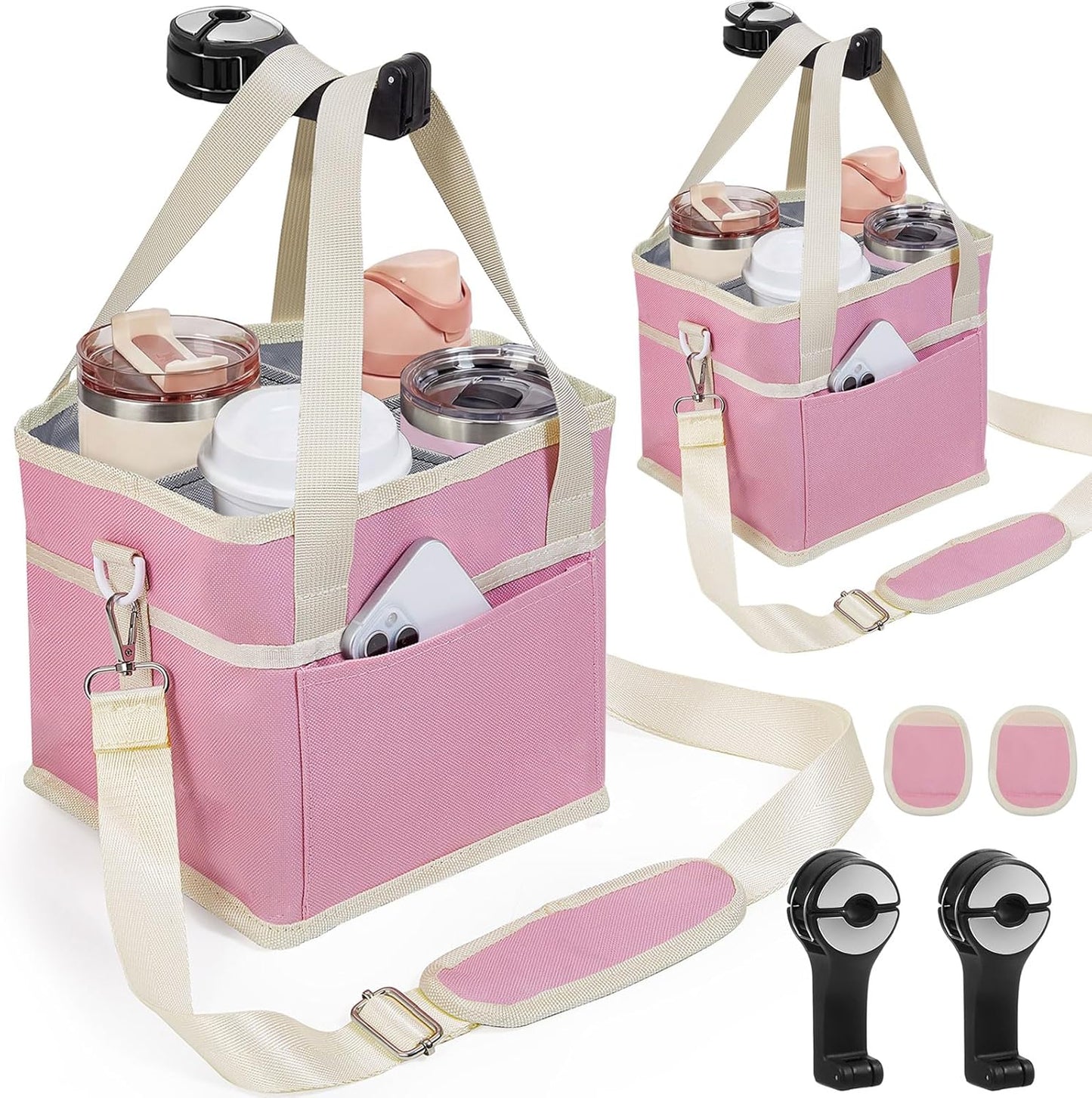 4 Water Bottle Holder with Strap - Multiple Tumbler Insulated Drink Carrier Tote Bag, Reusable Drink Family Size Caddy for Car, Delivery, Adjustable Dividers - 2 in 1 Car Seat Hook Set