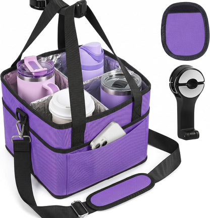 4 Water Bottle Holder with Strap - Multiple Tumbler Insulated Drink Carrier Tote Bag, Reusable Drink Family Size Caddy for Car, Delivery, Adjustable Dividers - 2 in 1 Car Seat Hook Set