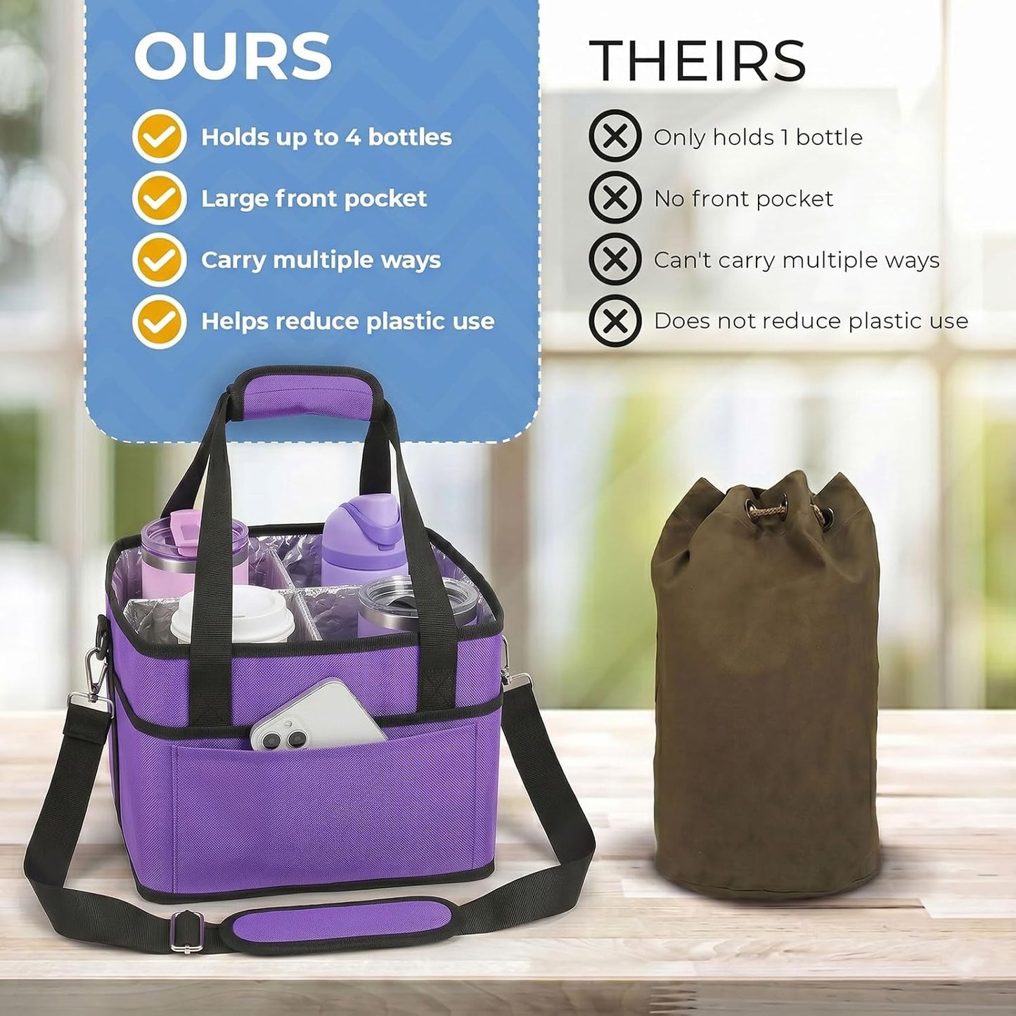 4 Water Bottle Holder with Strap - Multiple Tumbler Insulated Drink Carrier Tote Bag, Reusable Drink Family Size Caddy for Car, Delivery, Adjustable Dividers - 2 in 1 Car Seat Hook Set