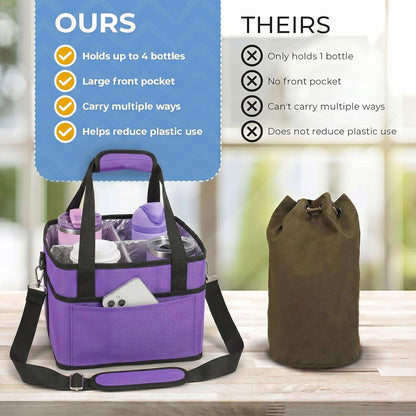 4 Water Bottle Holder with Strap - Multiple Tumbler Insulated Drink Carrier Tote Bag, Reusable Drink Family Size Caddy for Car, Delivery, Adjustable Dividers - 2 in 1 Car Seat Hook Set