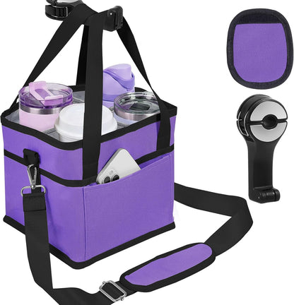 4 Water Bottle Holder with Strap - Multiple Tumbler Insulated Drink Carrier Tote Bag, Reusable Drink Family Size Caddy for Car, Delivery, Adjustable Dividers - 2 in 1 Car Seat Hook Set