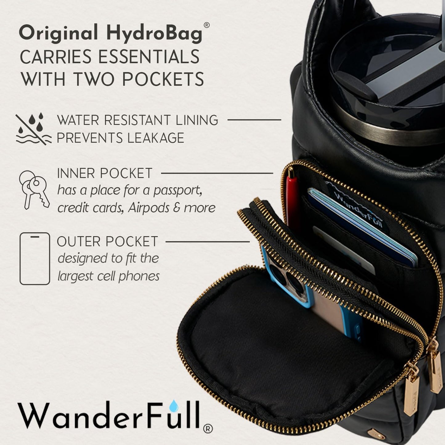 HydroBag Handle®, Vegan Leather Hands-Free Crossbody 40 Oz Water Bottle Carrier w/Strap Bundle