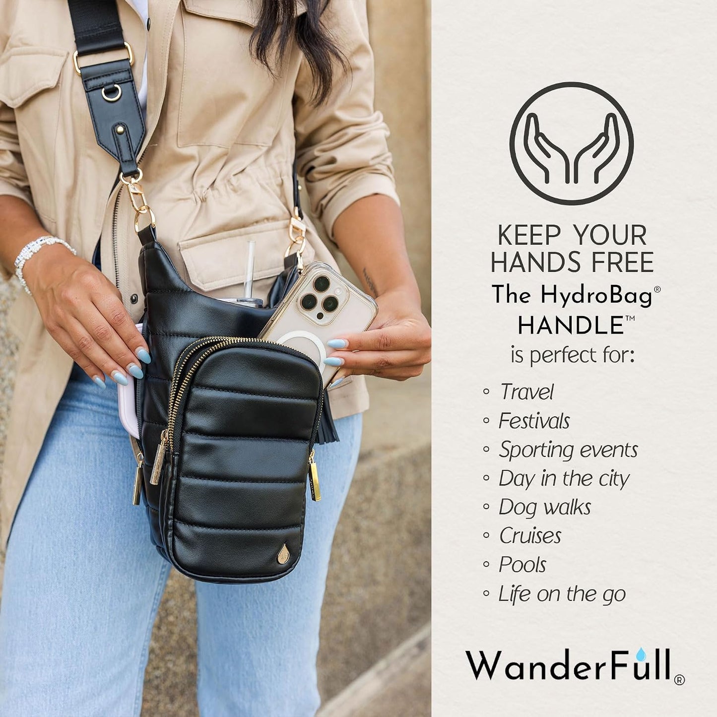 HydroBag Handle®, Vegan Leather Hands-Free Crossbody 40 Oz Water Bottle Carrier w/Strap Bundle