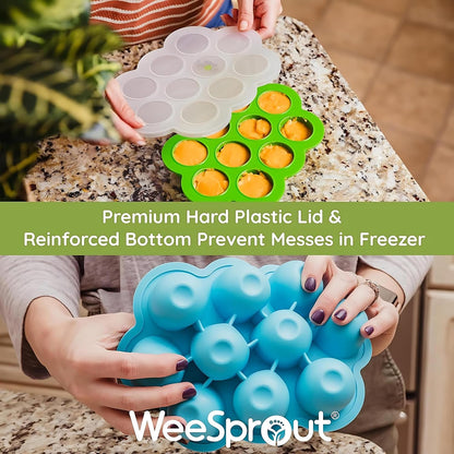 Silicone Baby Food Freezer Trays 2-Pack Bundle - Ten 1.5oz & Six 3oz Portions - Clip-on Lids - Homemade Purée & Breast Milk Storage