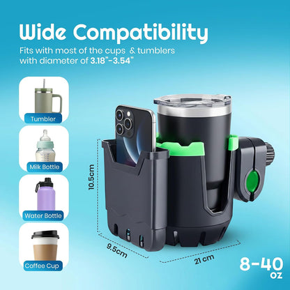 2-in-1 Cup Holder with Phone Holder for Stroller, Bike & Wheelchair