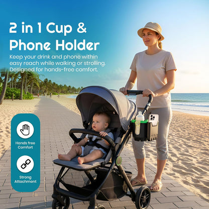 2-in-1 Cup Holder with Phone Holder for Stroller, Bike & Wheelchair