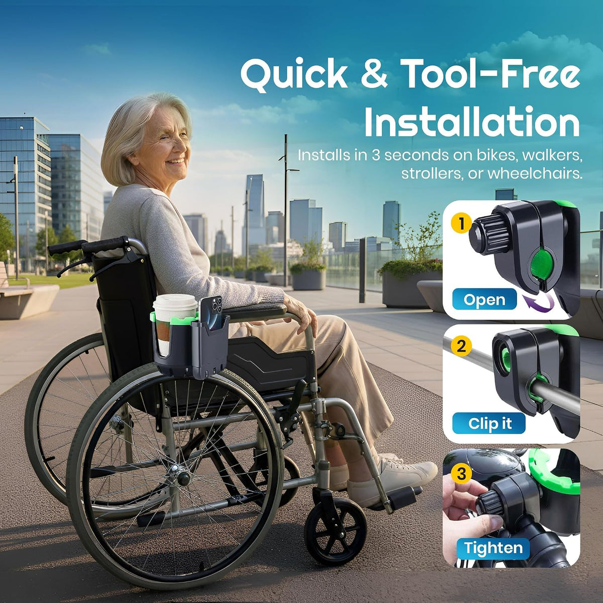 2-in-1 Cup Holder with Phone Holder for Stroller, Bike & Wheelchair