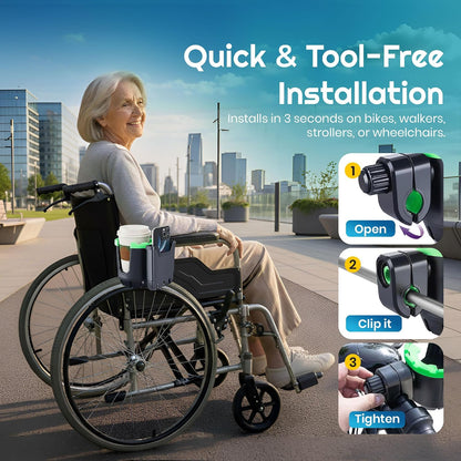 2-in-1 Cup Holder with Phone Holder for Stroller, Bike & Wheelchair