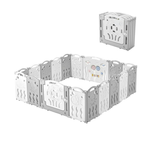 Baby Fence Kid Playpen 18 Panel Play Yard - Foldable Kids Safety Activity Center Playard Safety Lock Gate,Adjustable Shape, Portable Design for Indoor and Outdoor (18 Panel, Grey+White)