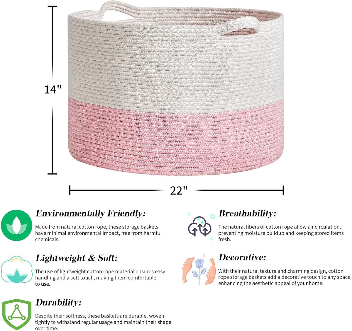 Extra Large Cotton Rope Basket 22" x 14" - Toy Basket for Kids -Blanket Basket for Living Room - Woven Baskets for Storage