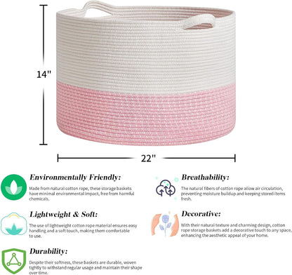 Extra Large Cotton Rope Basket 22" x 14" - Toy Basket for Kids -Blanket Basket for Living Room - Woven Baskets for Storage