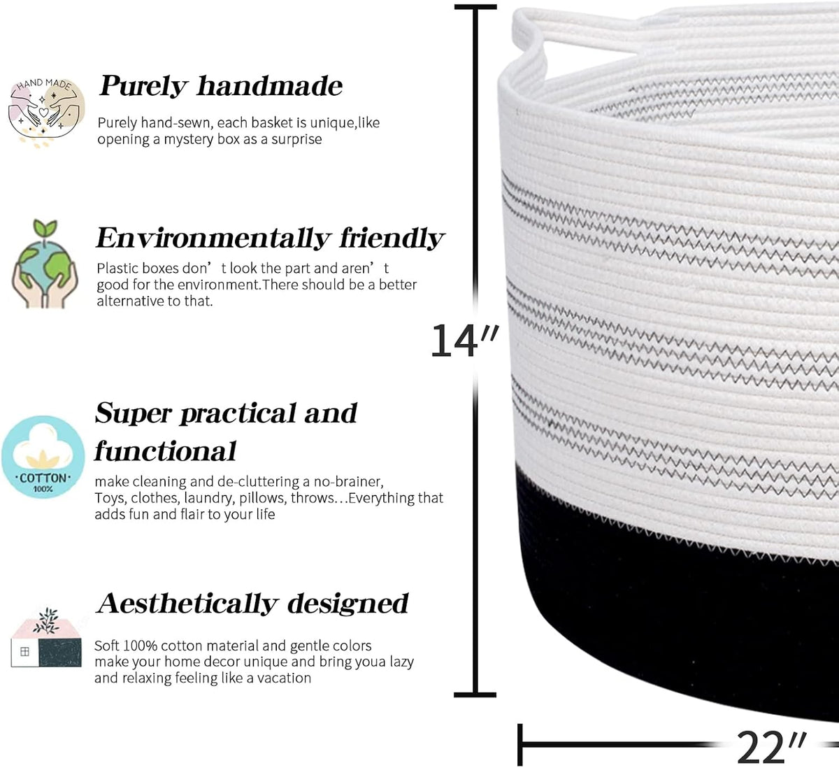 Extra Large Cotton Rope Basket 22" x 14" - Toy Basket for Kids -Blanket Basket for Living Room - Woven Baskets for Storage