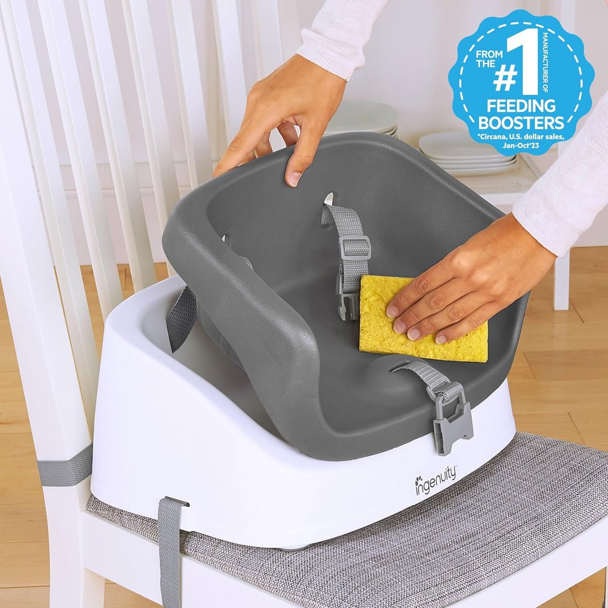 SmartClean Toddler Booster Seat for Kitchen Chair – Lightweight for on-the-go, Easy-Clean, 3-Point Harness Strap – Booster Seat for Dining Table, Slate
