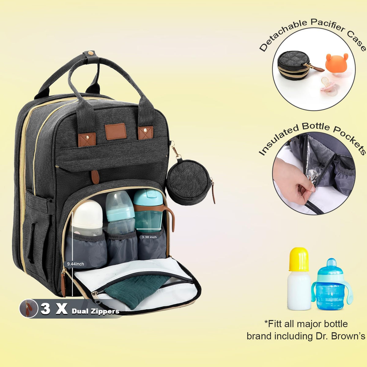 BosiBozi Baby Diaper Bag Backpack, Waterproof & Multi-Functional Baby Bag for Moms Dads, Travel Diaper Bag with Insulated Pockets & Pacifier Case