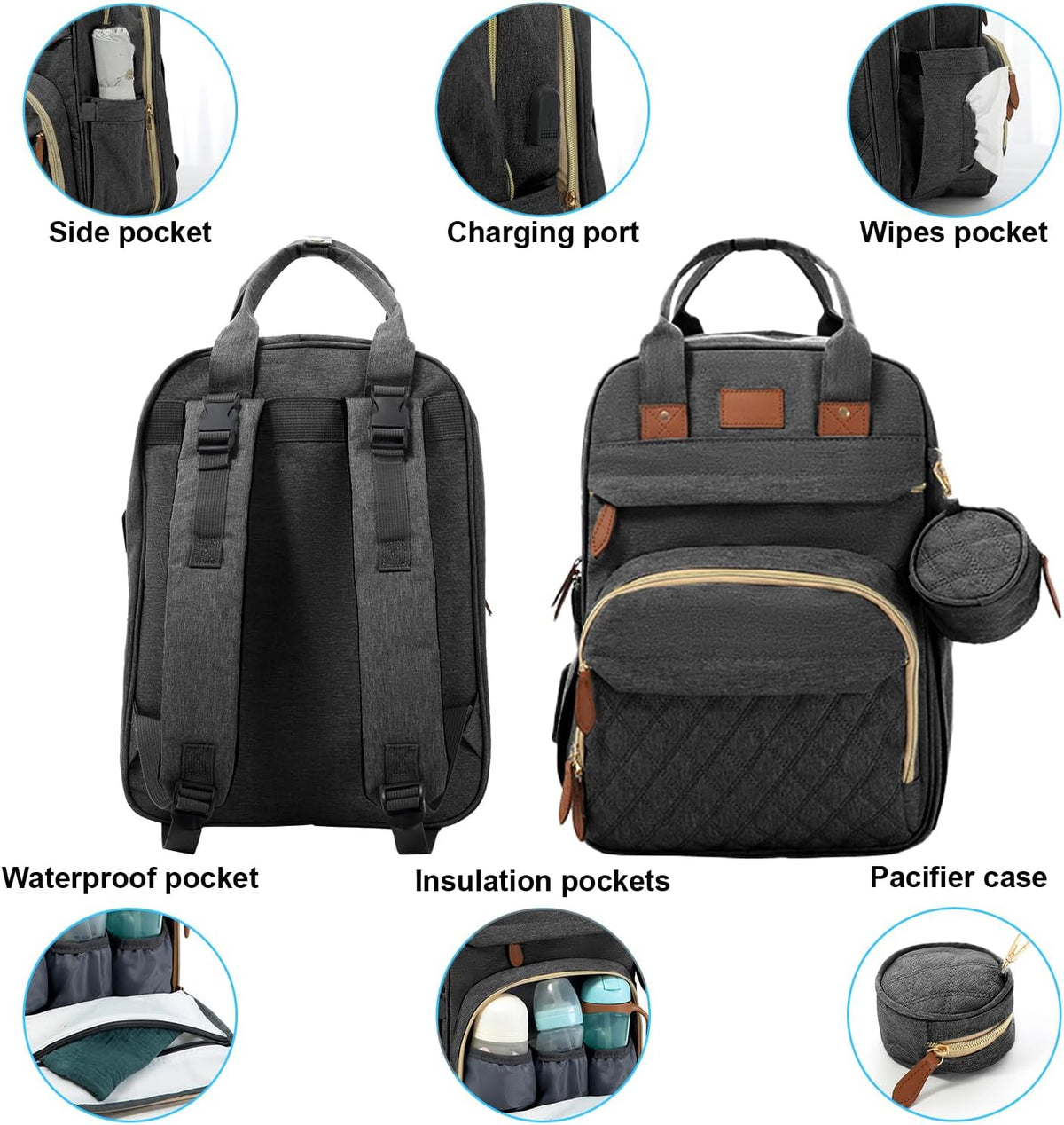 BosiBozi Baby Diaper Bag Backpack, Waterproof & Multi-Functional Baby Bag for Moms Dads, Travel Diaper Bag with Insulated Pockets & Pacifier Case