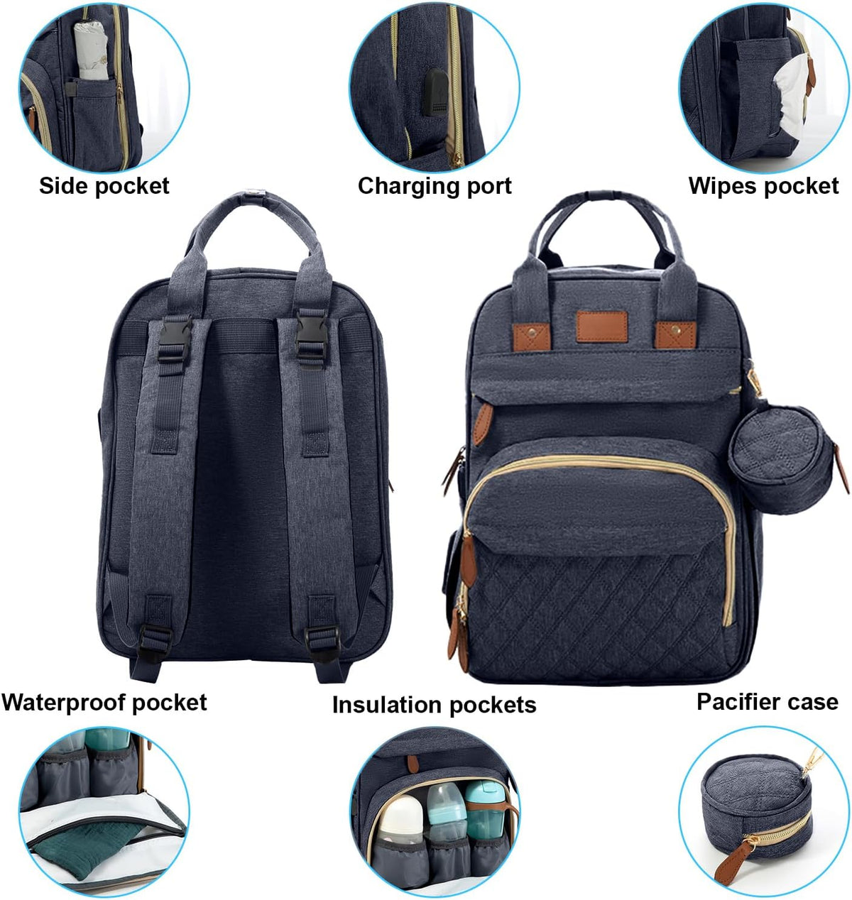 BosiBozi Baby Diaper Bag Backpack, Waterproof & Multi-Functional Baby Bag for Moms Dads, Travel Diaper Bag with Insulated Pockets & Pacifier Case