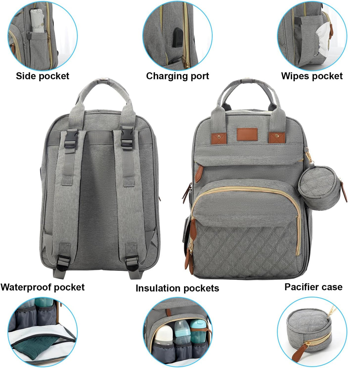BosiBozi Baby Diaper Bag Backpack, Waterproof & Multi-Functional Baby Bag for Moms Dads, Travel Diaper Bag with Insulated Pockets & Pacifier Case