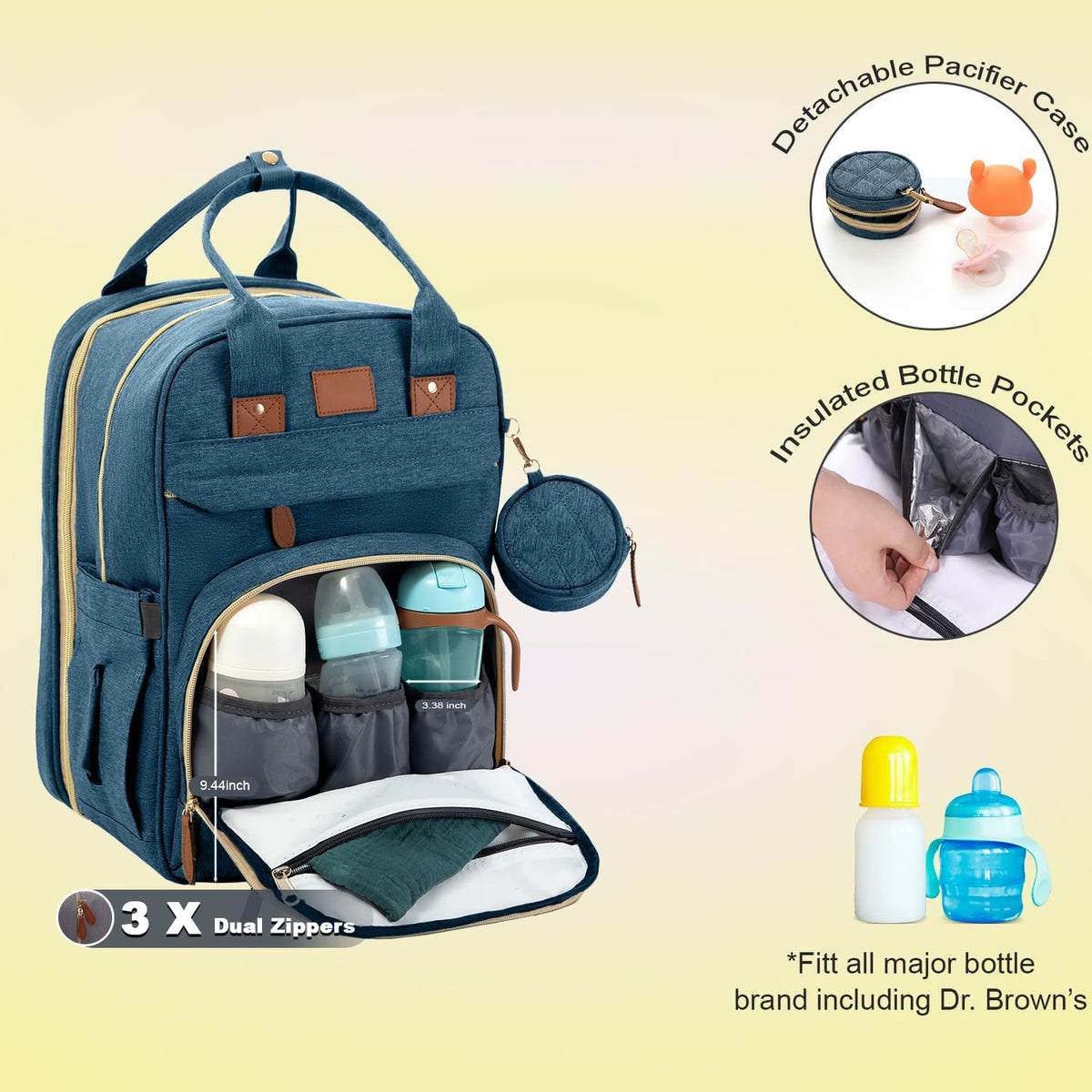 BosiBozi Baby Diaper Bag Backpack, Waterproof & Multi-Functional Baby Bag for Moms Dads, Travel Diaper Bag with Insulated Pockets & Pacifier Case