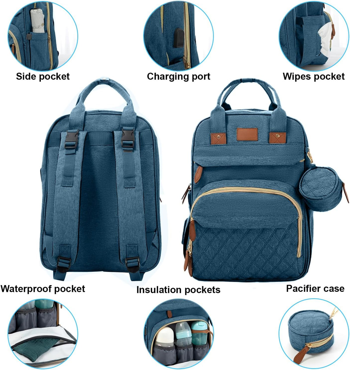 BosiBozi Baby Diaper Bag Backpack, Waterproof & Multi-Functional Baby Bag for Moms Dads, Travel Diaper Bag with Insulated Pockets & Pacifier Case