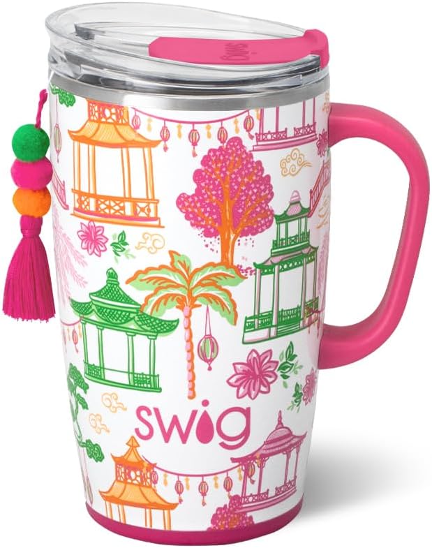 22oz Insulated Travel Mug with Handle & Lid, Pagoda Paradise | Triple Insulated Stainless Steel - Handle & Lid Included - Keeps Coffee Hot or Cold - Cup Holder Friendly