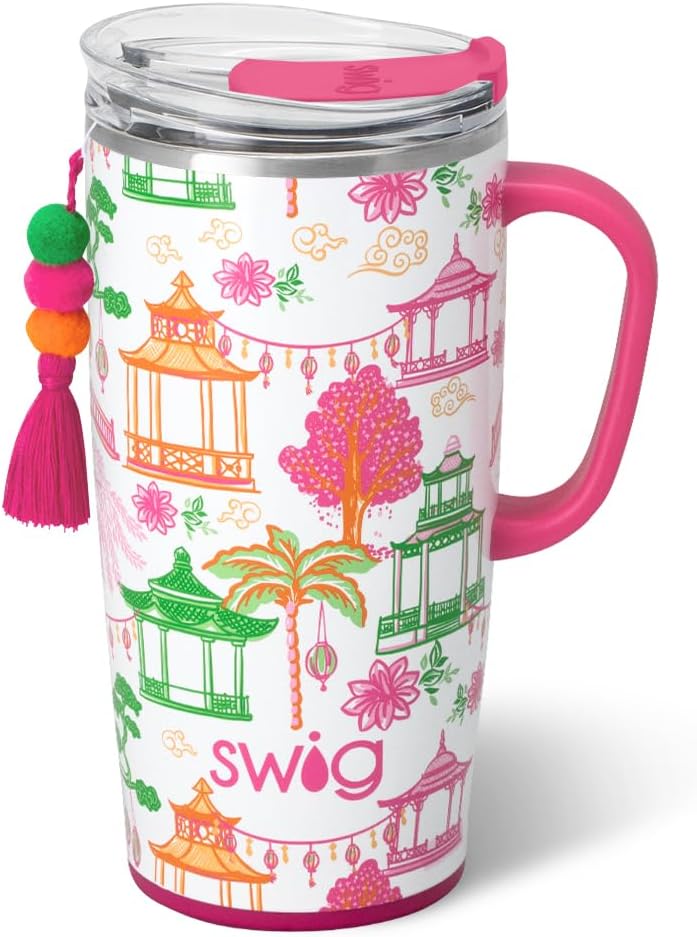 22oz Insulated Travel Mug with Handle & Lid, Pagoda Paradise | Triple Insulated Stainless Steel - Handle & Lid Included - Keeps Coffee Hot or Cold - Cup Holder Friendly