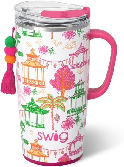 22oz Insulated Travel Mug with Handle & Lid, Pagoda Paradise | Triple Insulated Stainless Steel - Handle & Lid Included - Keeps Coffee Hot or Cold - Cup Holder Friendly