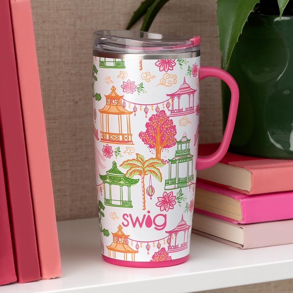 22oz Insulated Travel Mug with Handle & Lid, Pagoda Paradise | Triple Insulated Stainless Steel - Handle & Lid Included - Keeps Coffee Hot or Cold - Cup Holder Friendly