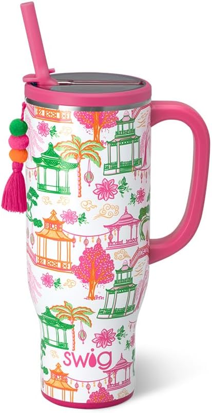 22oz Insulated Travel Mug with Handle & Lid, Pagoda Paradise | Triple Insulated Stainless Steel - Handle & Lid Included - Keeps Coffee Hot or Cold - Cup Holder Friendly
