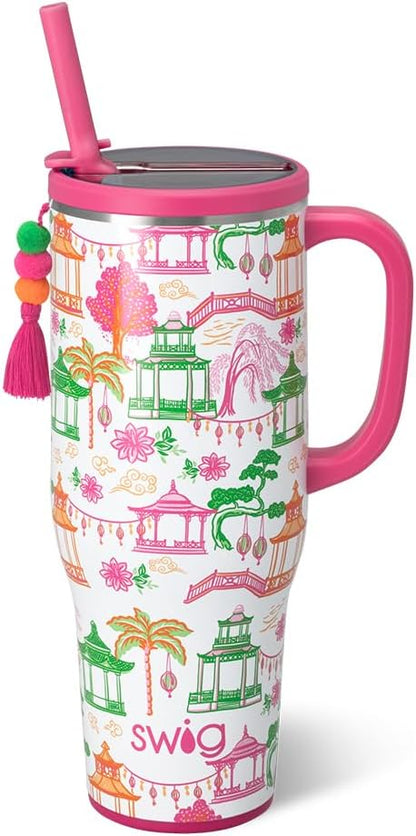 22oz Insulated Travel Mug with Handle & Lid, Pagoda Paradise | Triple Insulated Stainless Steel - Handle & Lid Included - Keeps Coffee Hot or Cold - Cup Holder Friendly