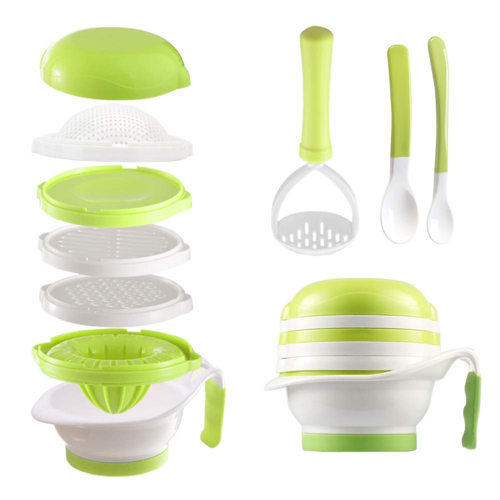 Versatile Baby Food Maker Set - Toddler Food Mills with Mash Bowl, Hand Masher, Citrus Juicer, Grater - Making Homemade Baby Food - Fruits and Vegetables Masher - No BPA ( Green)