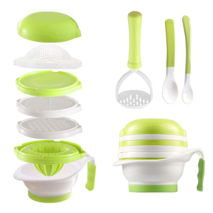 Versatile Baby Food Maker Set - Toddler Food Mills with Mash Bowl, Hand Masher, Citrus Juicer, Grater - Making Homemade Baby Food - Fruits and Vegetables Masher - No BPA ( Green)