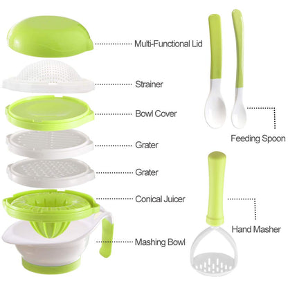 Versatile Baby Food Maker Set - Toddler Food Mills with Mash Bowl, Hand Masher, Citrus Juicer, Grater - Making Homemade Baby Food - Fruits and Vegetables Masher - No BPA ( Green)